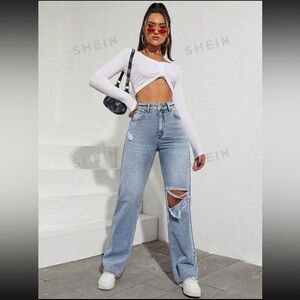 SHEIN 6 Medium Denim Blue Jeans High Waist Distressed Ripped Straight Leg